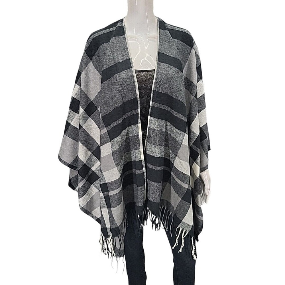 Belle by Kim Gravel Womens Plaid Open Ruana Cardigan Wrap Black Gray Plus OS